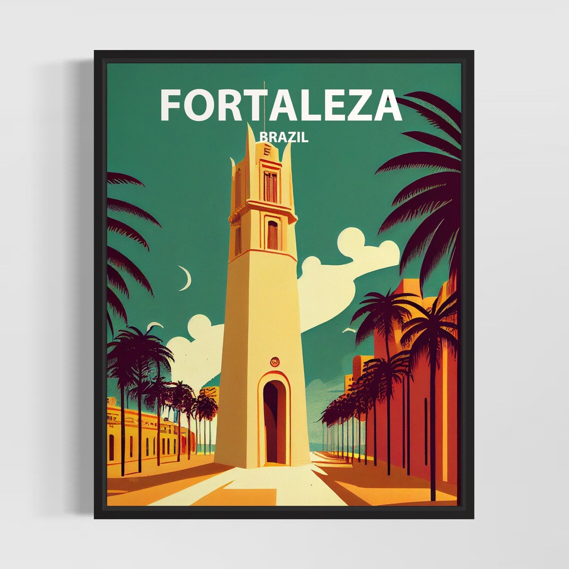 Fortaleza Brazil Retro Tower Palm Street Vintage Travel Poster