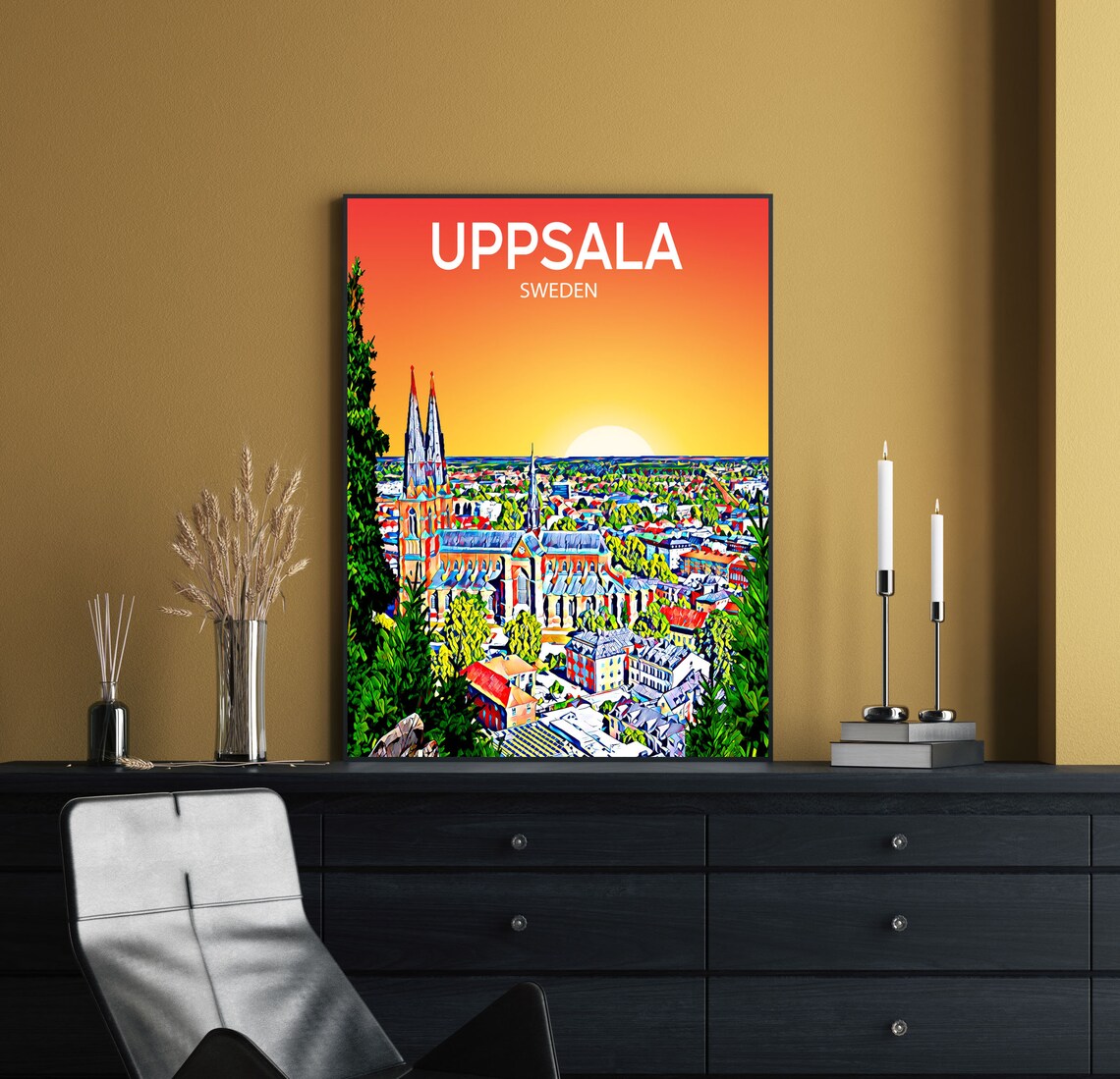 Uppsala Sweden Sunset Cathedral City Skyline Travel Art Poster - Image 2