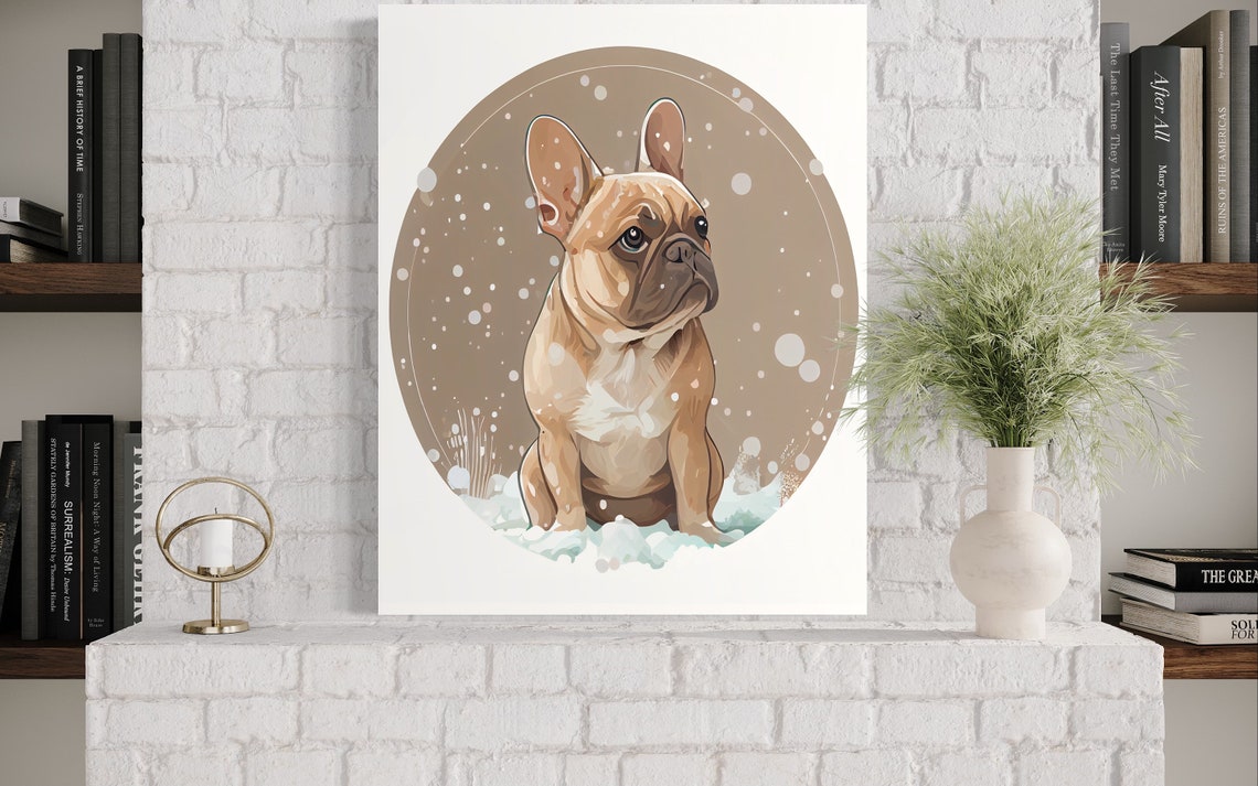 French Bulldog Sitting in Falling Snow Minimal Circle Art Poster - Image 3