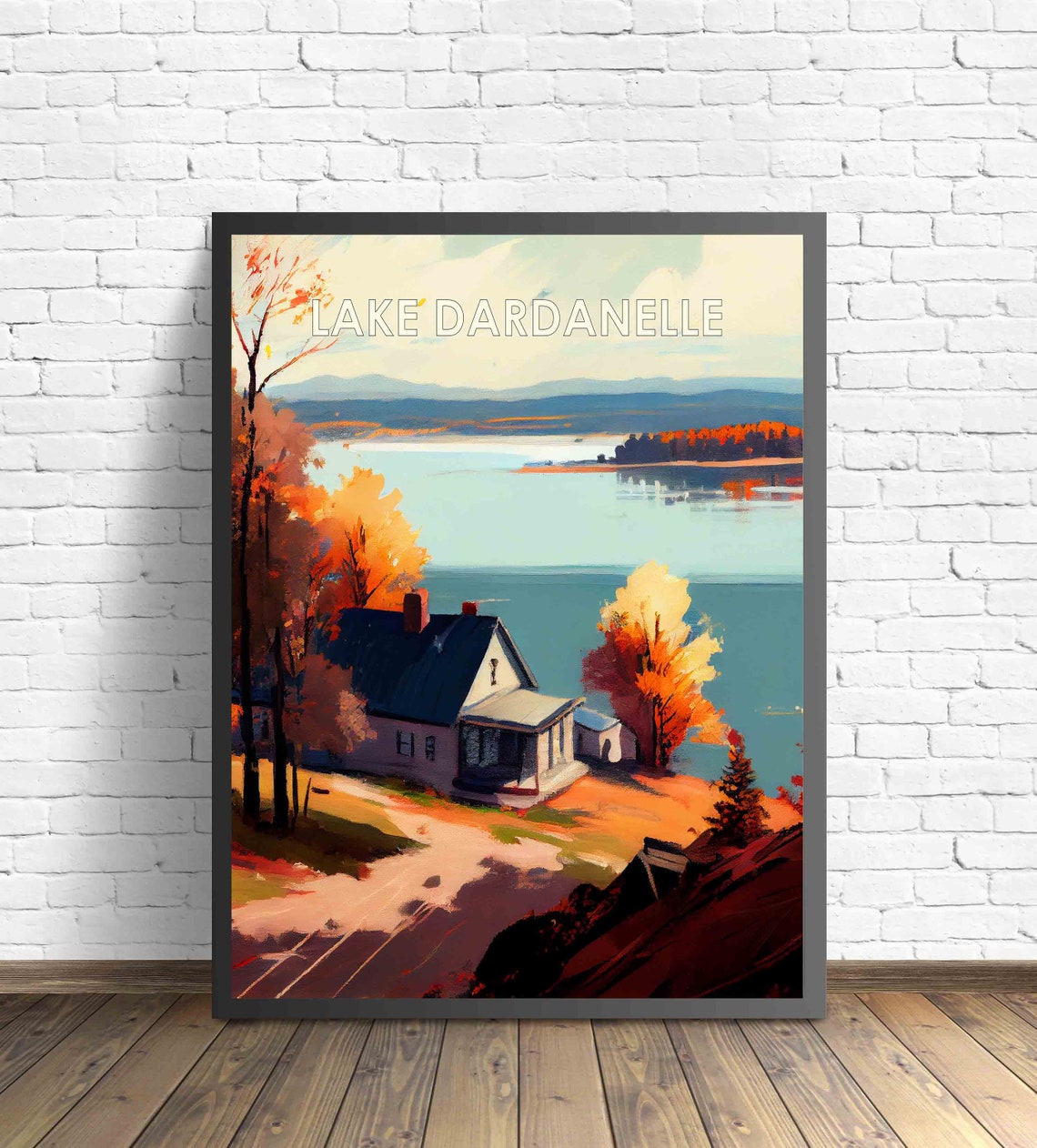 Lake Dardanelle Arkansas Retro Poster with a Lakeside House in Autumn