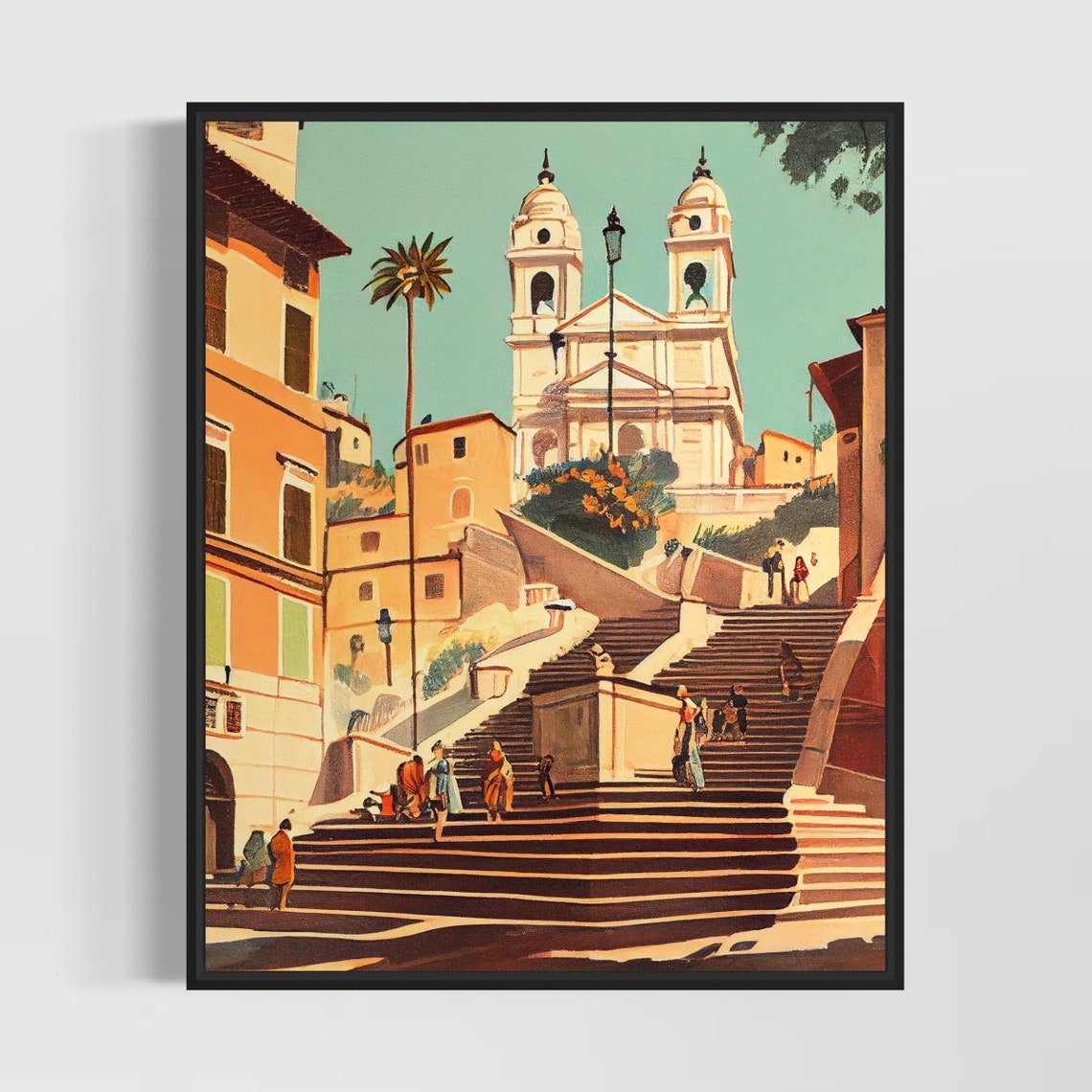Spanish Steps Rome Twin Church Staircase Vintage Travel Poster