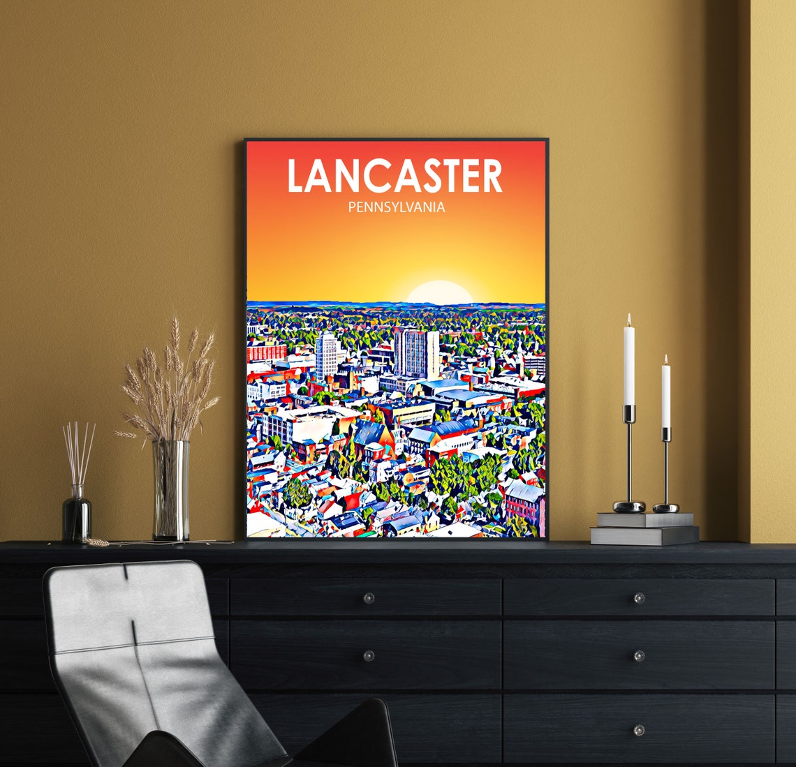 Lancaster Pennsylvania Sunset Skyline Downtown Sketch Poster - Image 2