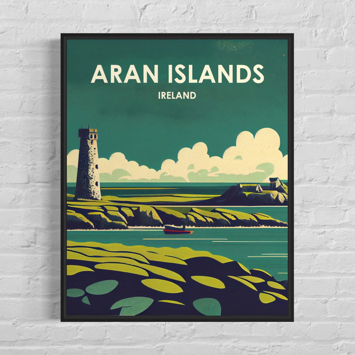 Aran Islands Ireland Lighthouse Green Rocky Coast Retro Travel Poster