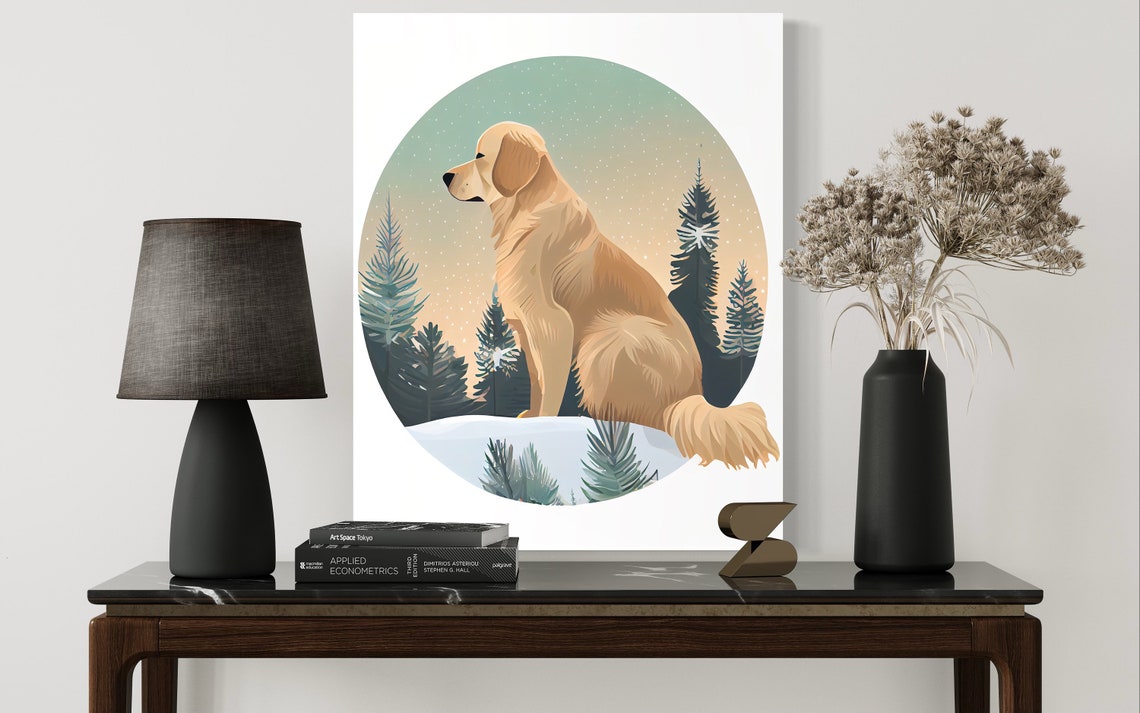 Golden Retriever Sitting in a Snowy Pine Forest Circle Poster - Image 2