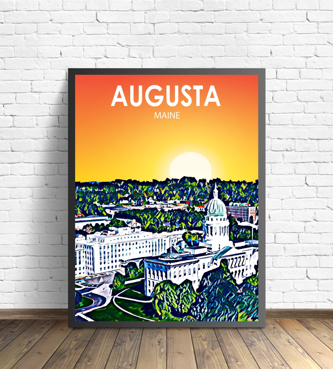 Augusta Maine Sunset Domed State House Aerial Skyline Poster