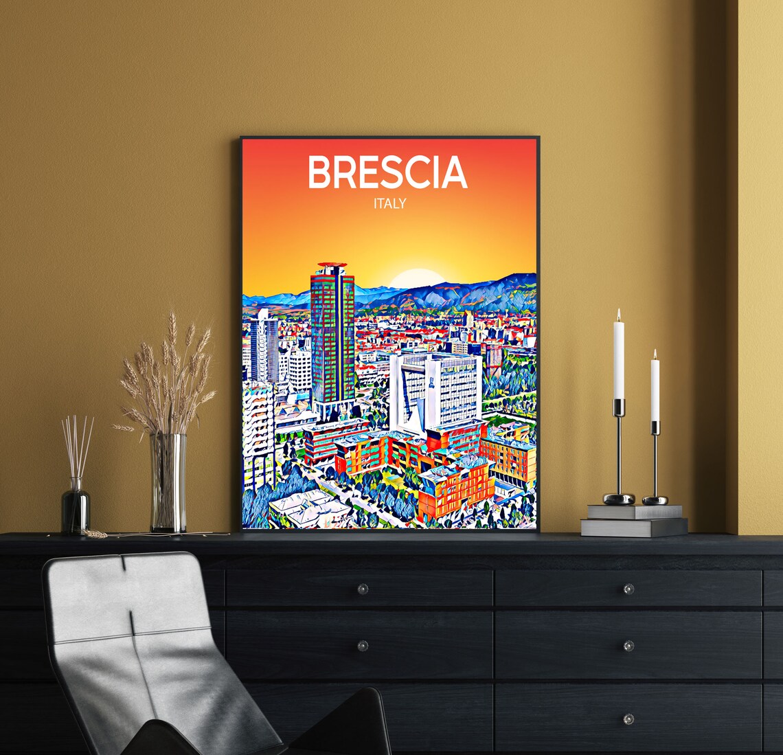 Brescia Italy Sunset Skyline Modern Towers Travel Poster Art - Image 2