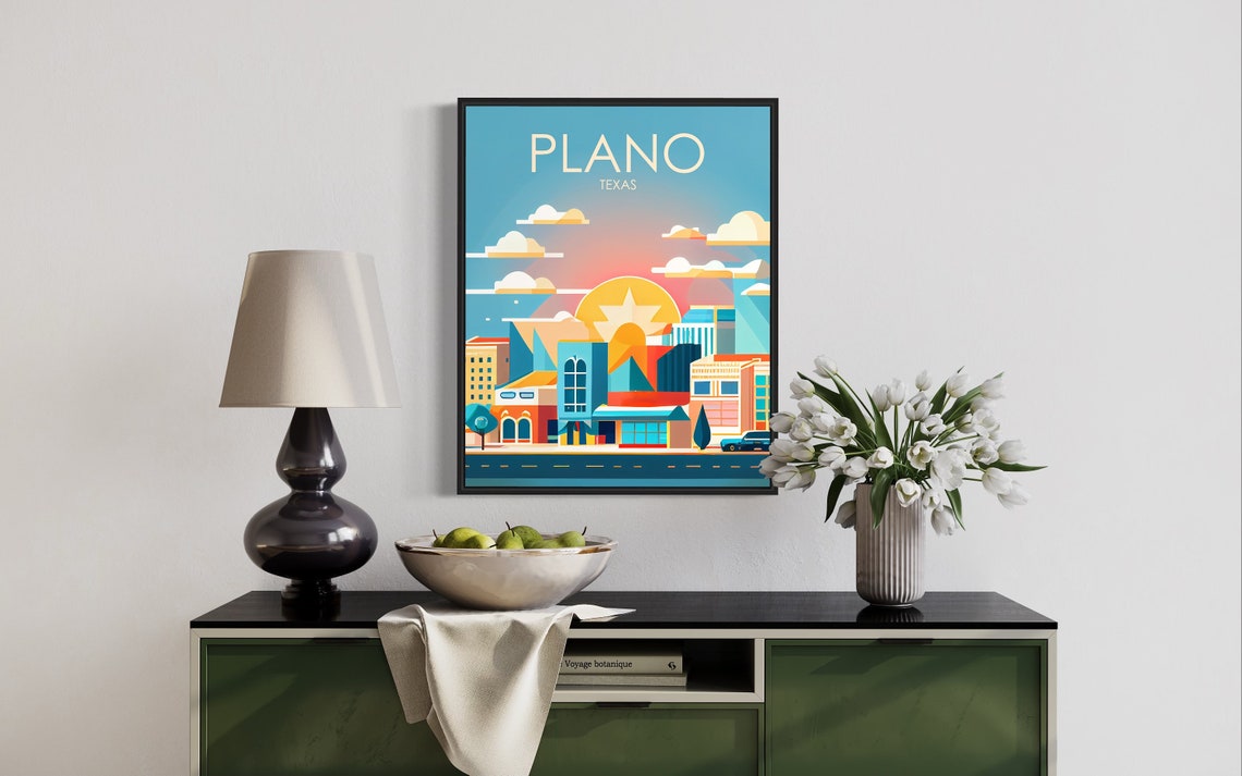 Plano Texas Downtown Sunset Skyline Modern Retro Travel Poster - Image 3