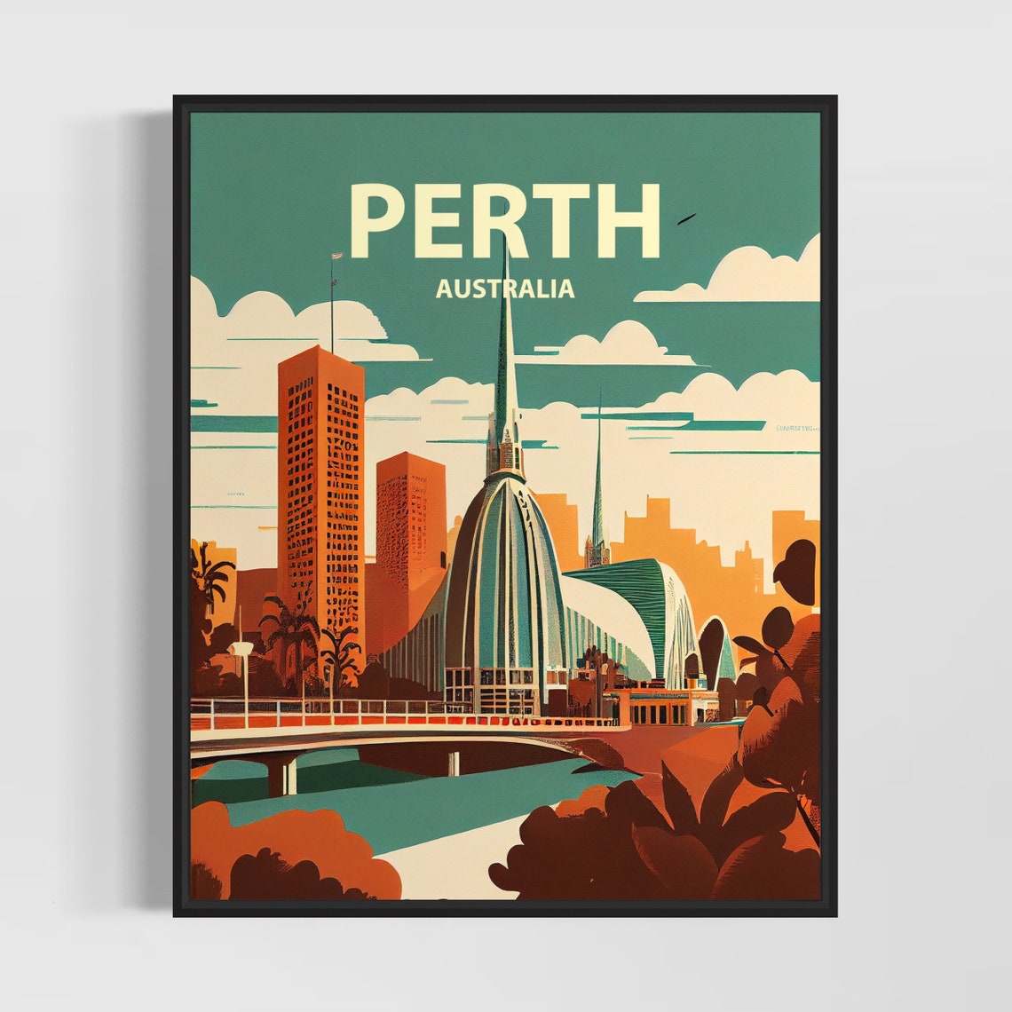Perth Australia Retro Skyline Poster with Iconic Swan Bells Tower