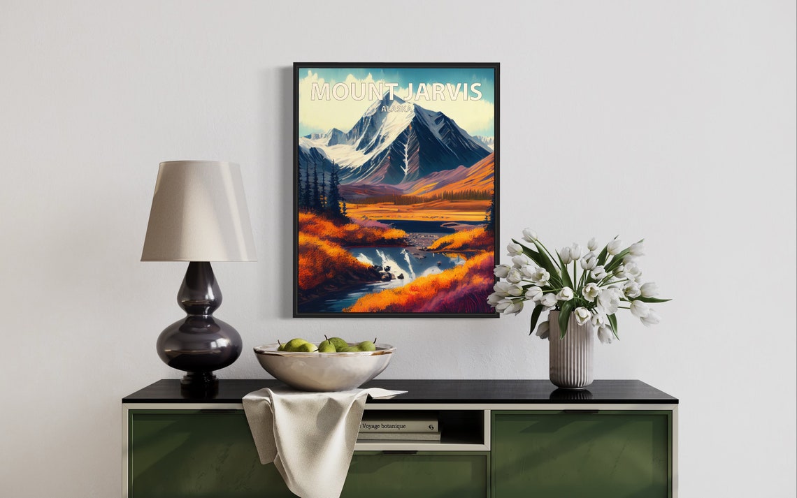 Mount Jarvis Alaska Snowy Glacier Peak Mirror Lake Autumn Retro Poster - Image 3