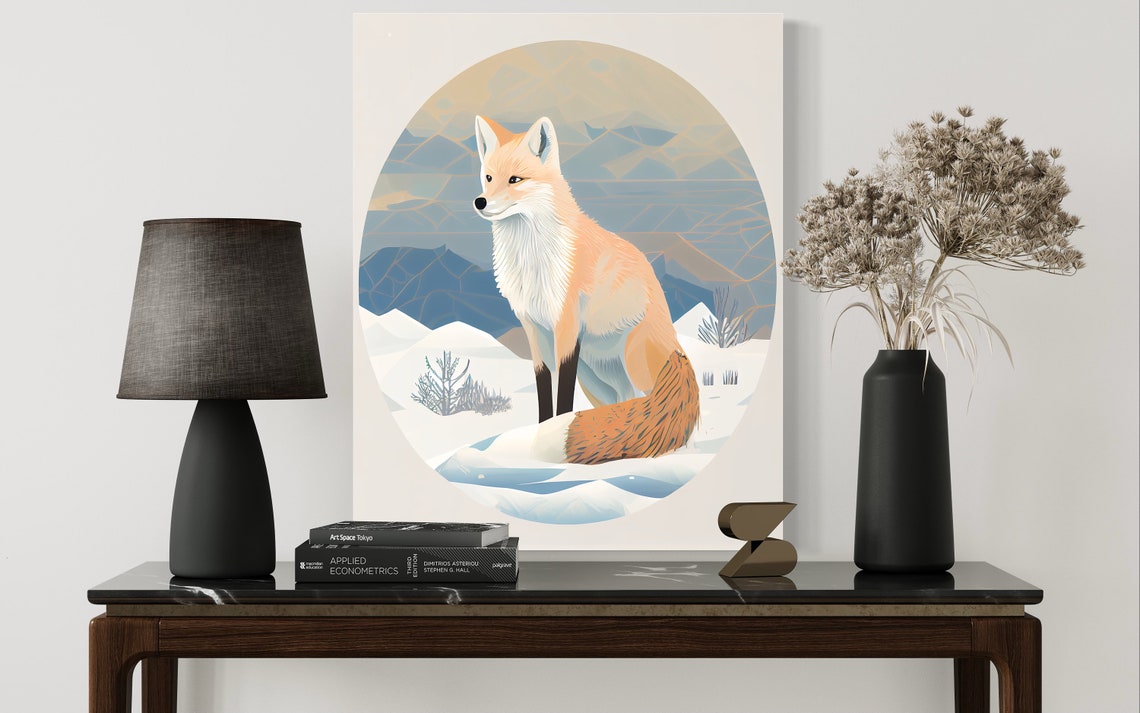 Arctic Fox Snowy Winter Oval Framed Minimal Illustration Poster - Image 2