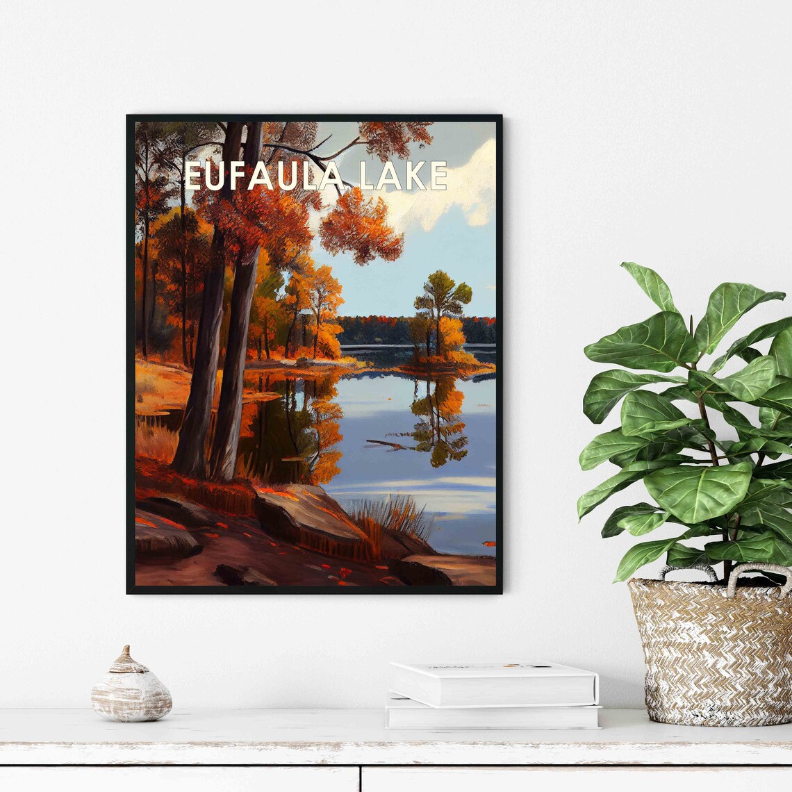 Eufaula Lake Oklahoma Autumn Pines Still Water Reflections Poster - Image 3