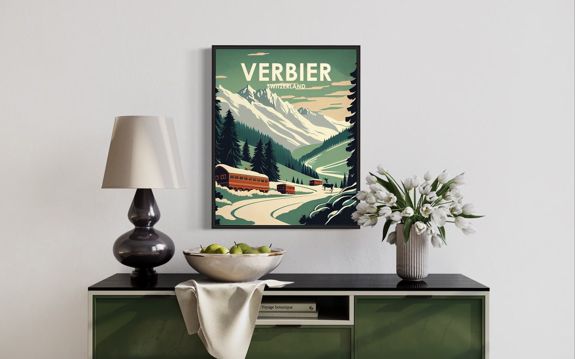Verbier Switzerland Snowy Peaks Vintage Train Retro Alpine Ski Poster - Image 3