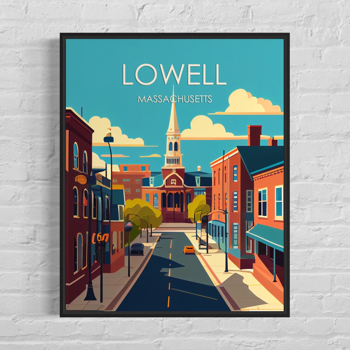 Lowell Massachusetts Downtown Church Retro Street Travel Poster