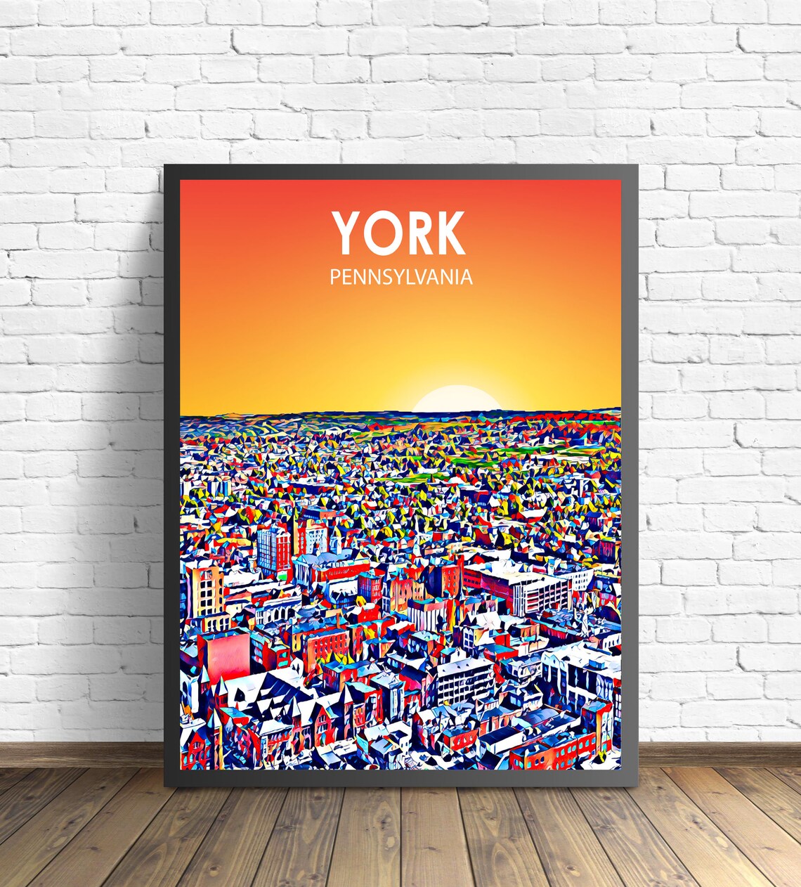 Colorful York Pennsylvania Sunset Aerial Cityscape Sketch Art Poster