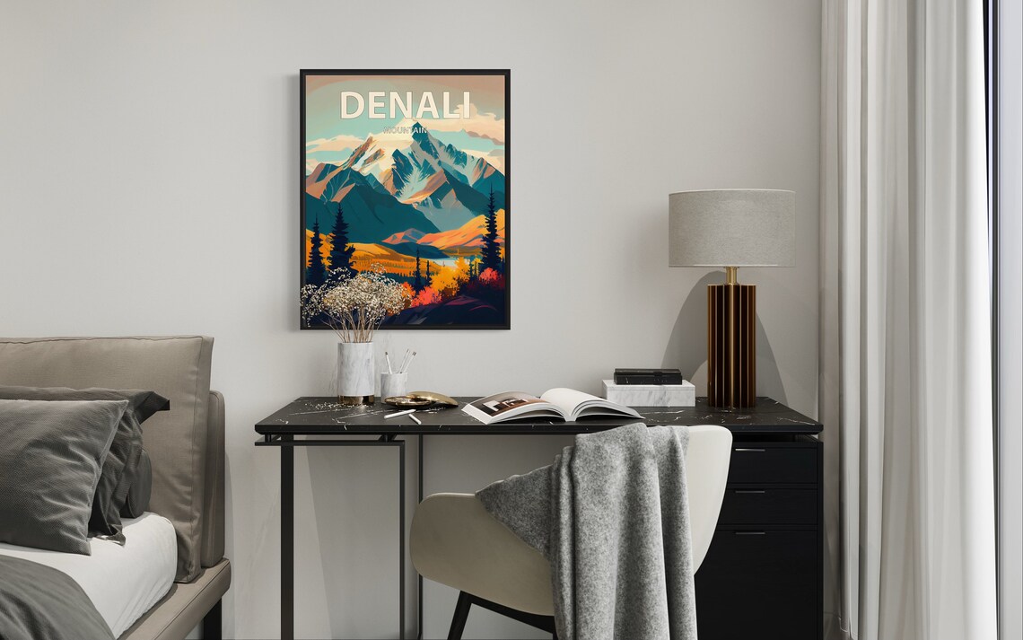 Denali Mountain Alaska Peak Evergreens Autumn Retro Travel Poster - Image 2