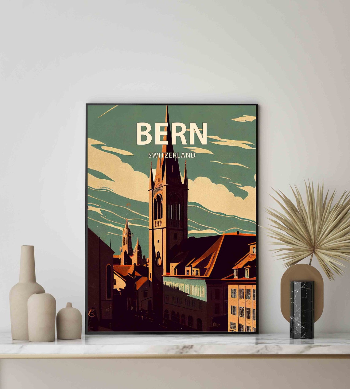 Bern Switzerland Cathedral Spires Dusk Vintage Travel Scene Poster - Image 2