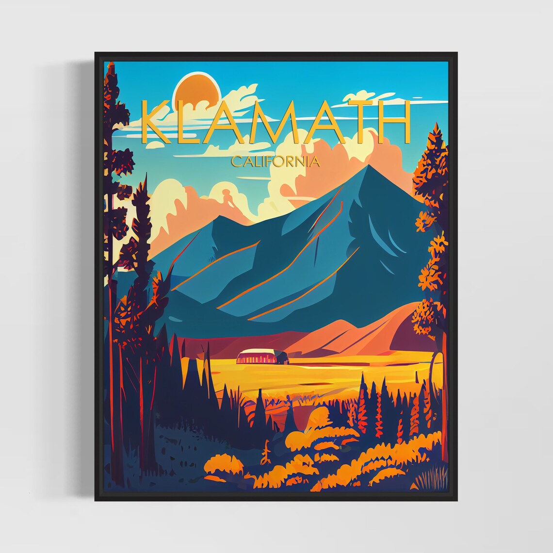 Klamath California Towering Mountain Valley Golden Forest Poster