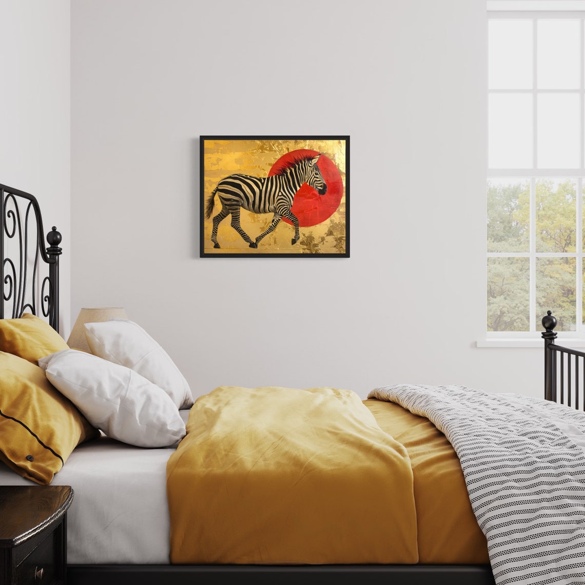 Zebra Walking Before Red Sun Gold Leaf African Wildlife Art Poster - Image 3