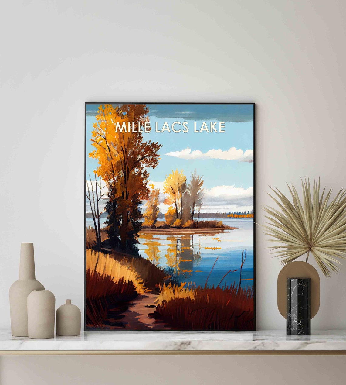 Mille Lacs Lake Minnesota Retro Poster with Golden Trees by the Water - Image 2