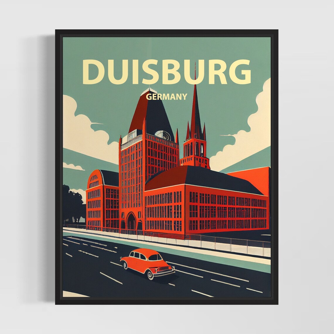 Duisburg Germany Vintage Cathedral And Classic Car Retro Travel Poster