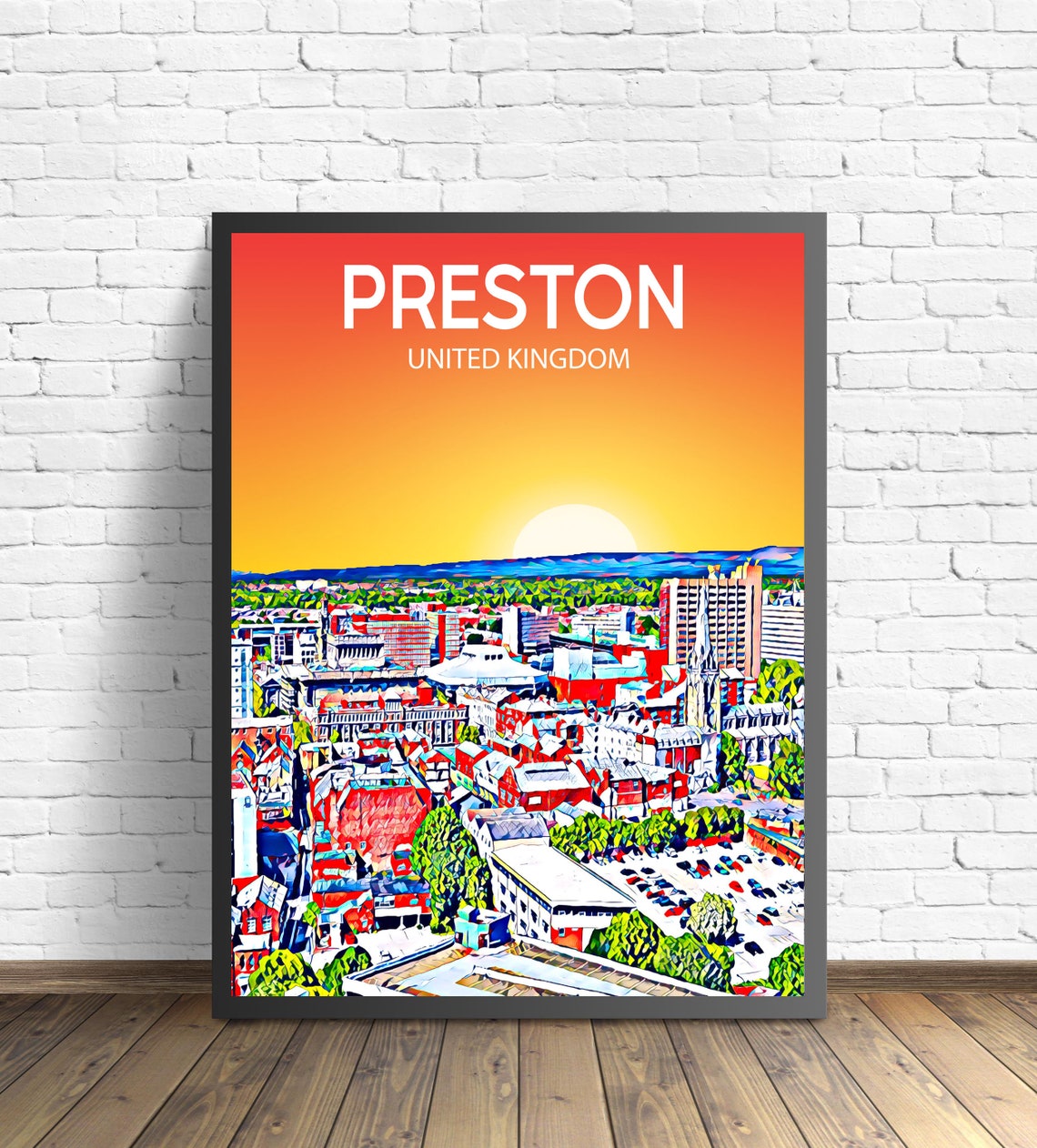 Preston United Kingdom Sunset Cityscape Modern Skyline Art Poster