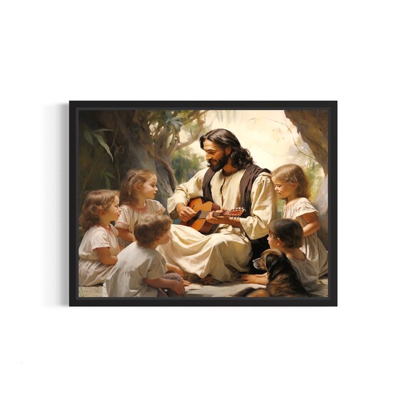 Jesus With Children Playing Guitar Warm Faith Christian Art Poster