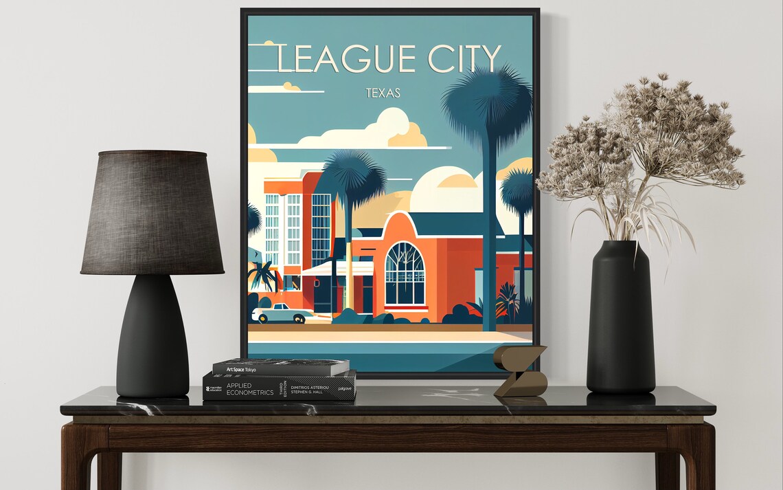 League City Texas Sunny Retro Palms Downtown Street Travel Poster - Image 2