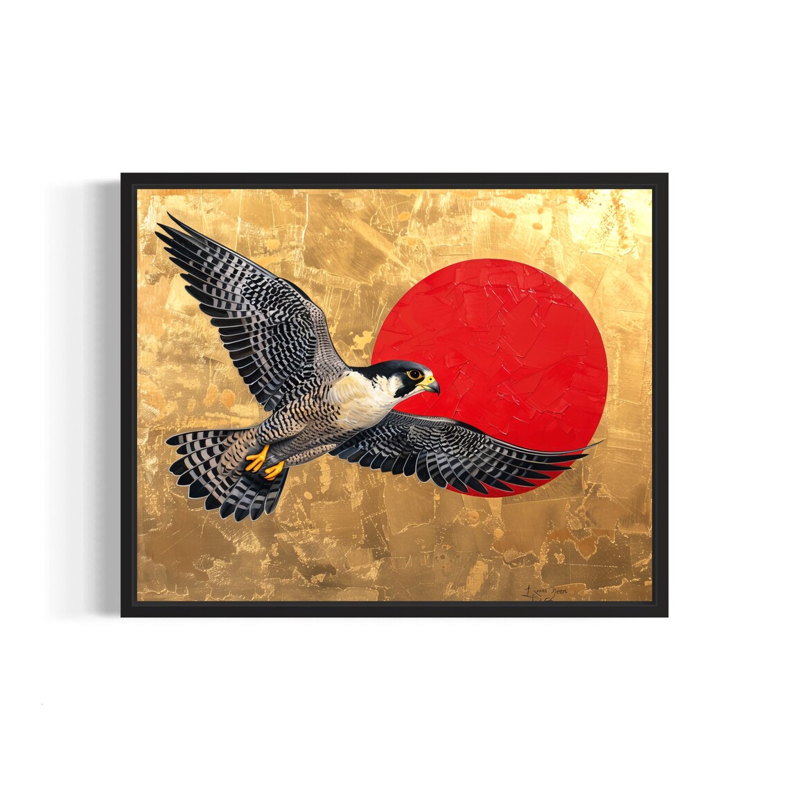 Majestic Peregrine Falcon Soaring Past Red Sun Gold Art Poster