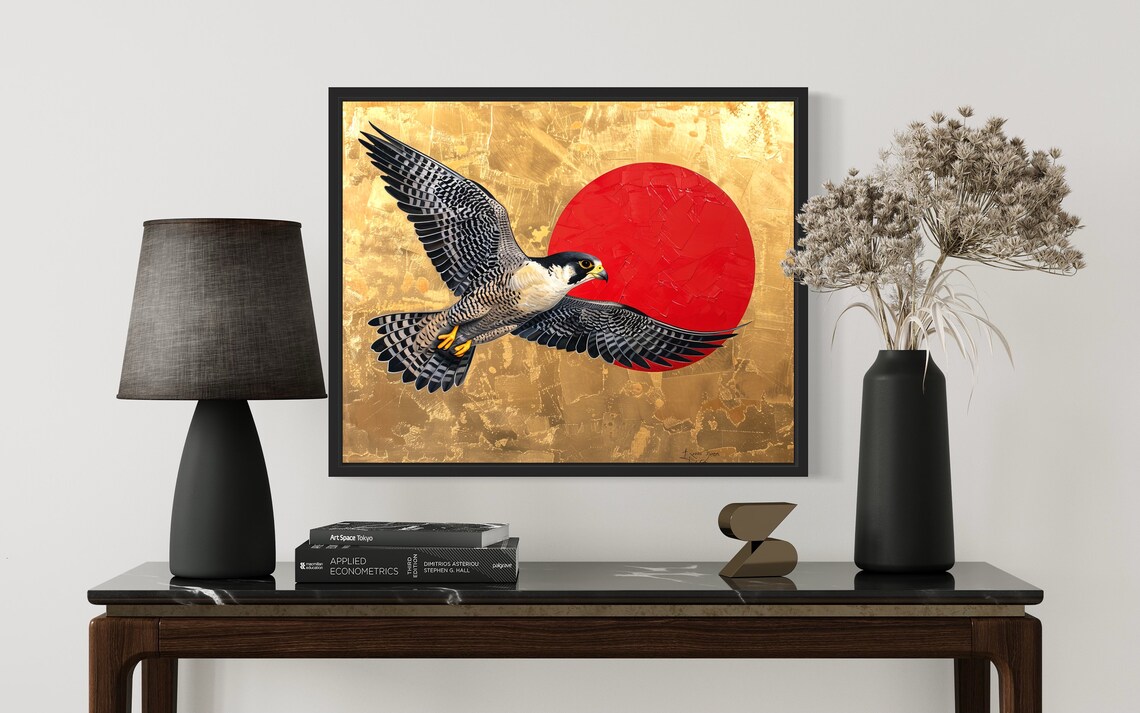 Majestic Peregrine Falcon Soaring Past Red Sun Gold Art Poster - Image 2