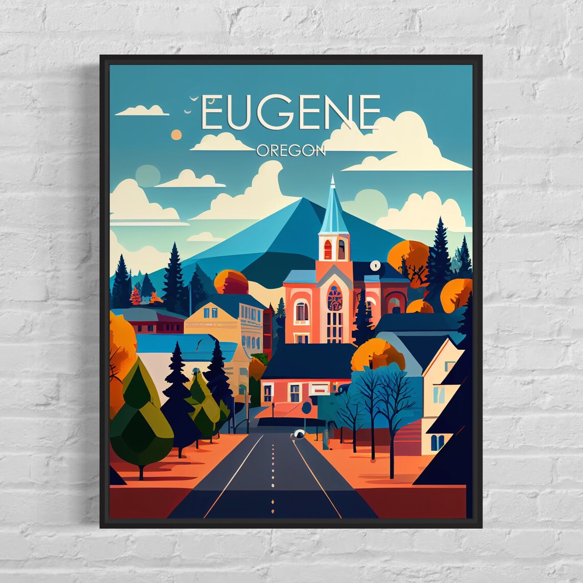 Eugene Oregon Retro Church Mountain Town Colorful Art Poster