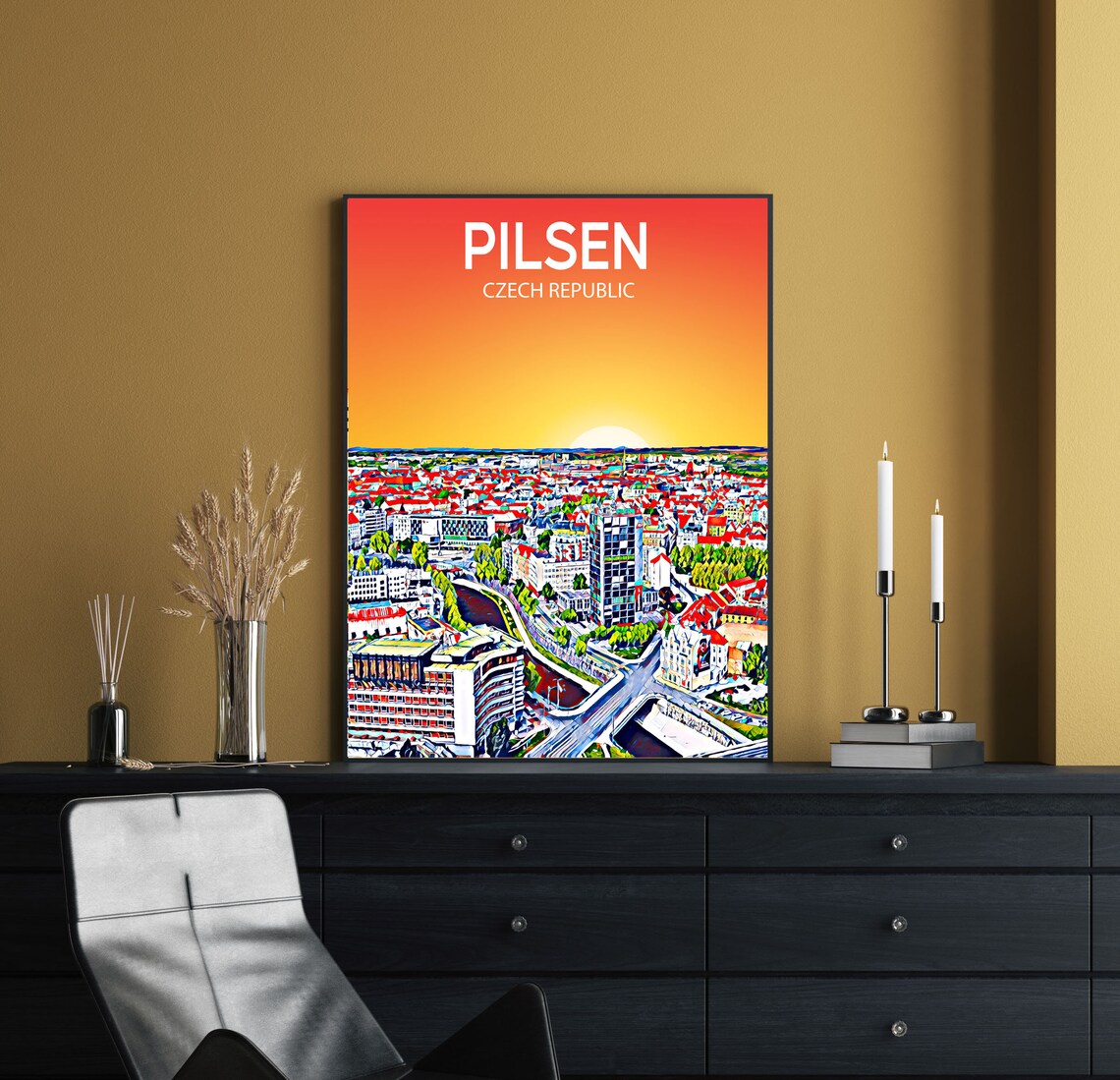 Pilsen Czech Republic Old Town Sunset Cityscape Travel Poster - Image 2