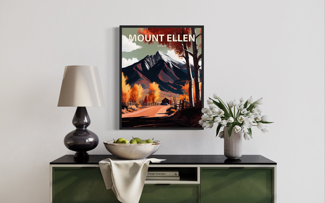 Mount Ellen Utah Red Barn Dirt Road Aspen Autumn Retro Travel Poster - Image 3