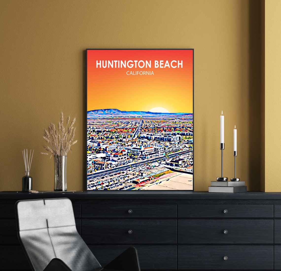 Huntington Beach California Art Poster Sunset Landscape Poster Print Huntington Beach Wall Art United States Colorful Skyline Sketch Photo - Image 2