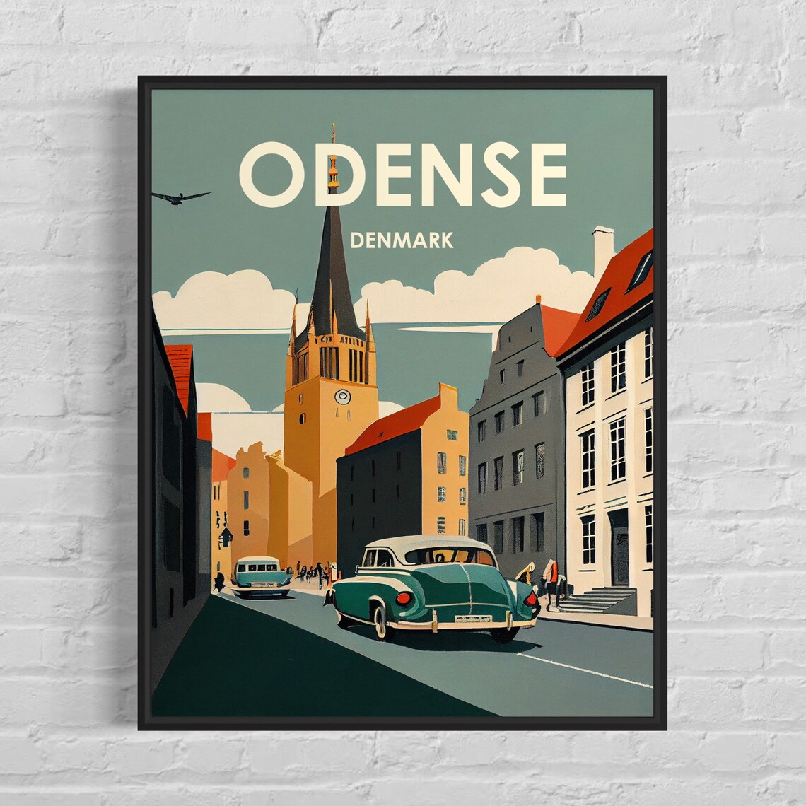 Odense Denmark Old Street Church Vintage Cars Retro Travel Poster