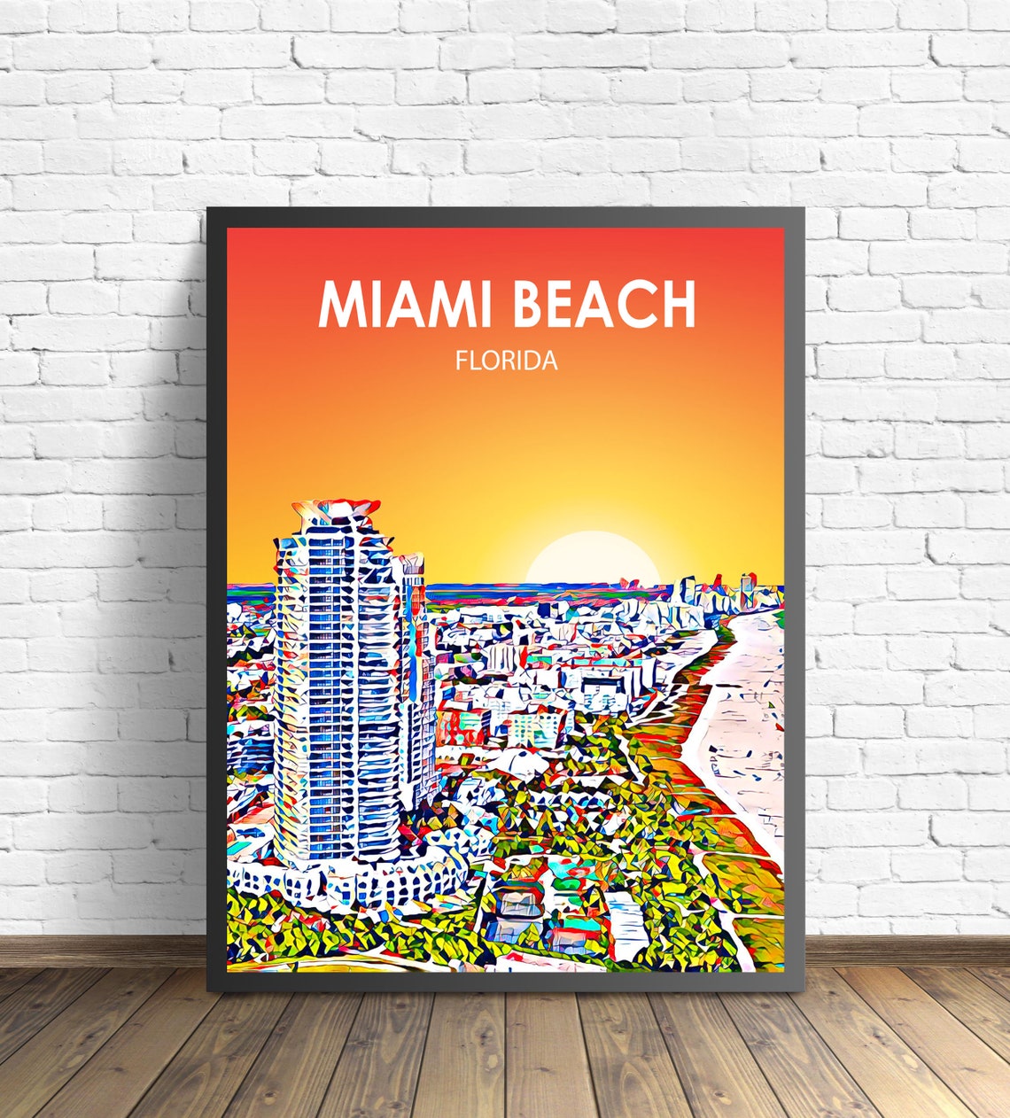 Miami Beach Florida Sunset Beachfront Coastline Sketch Poster