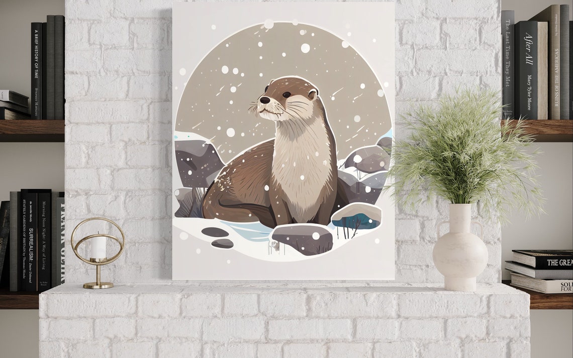 River Otter Sitting on Snowy River Rocks Winter Wildlife Art Poster - Image 3