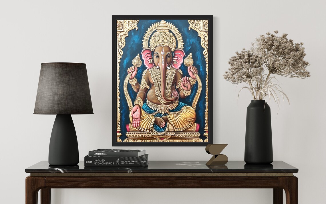 Lord Ganesha in Gold Blessing Pose Against Deep Blue Tanjore Poster - Image 2