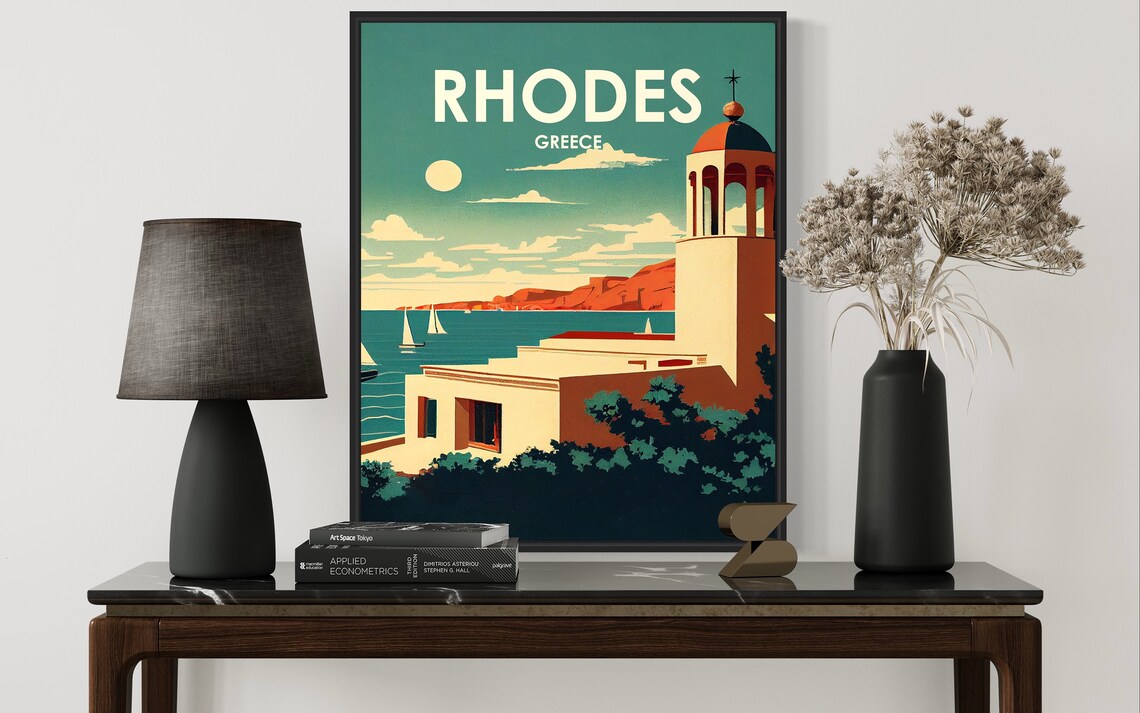 Rhodes Greece Coastal Bell Tower Sailboats Vintage Travel Poster - Image 2