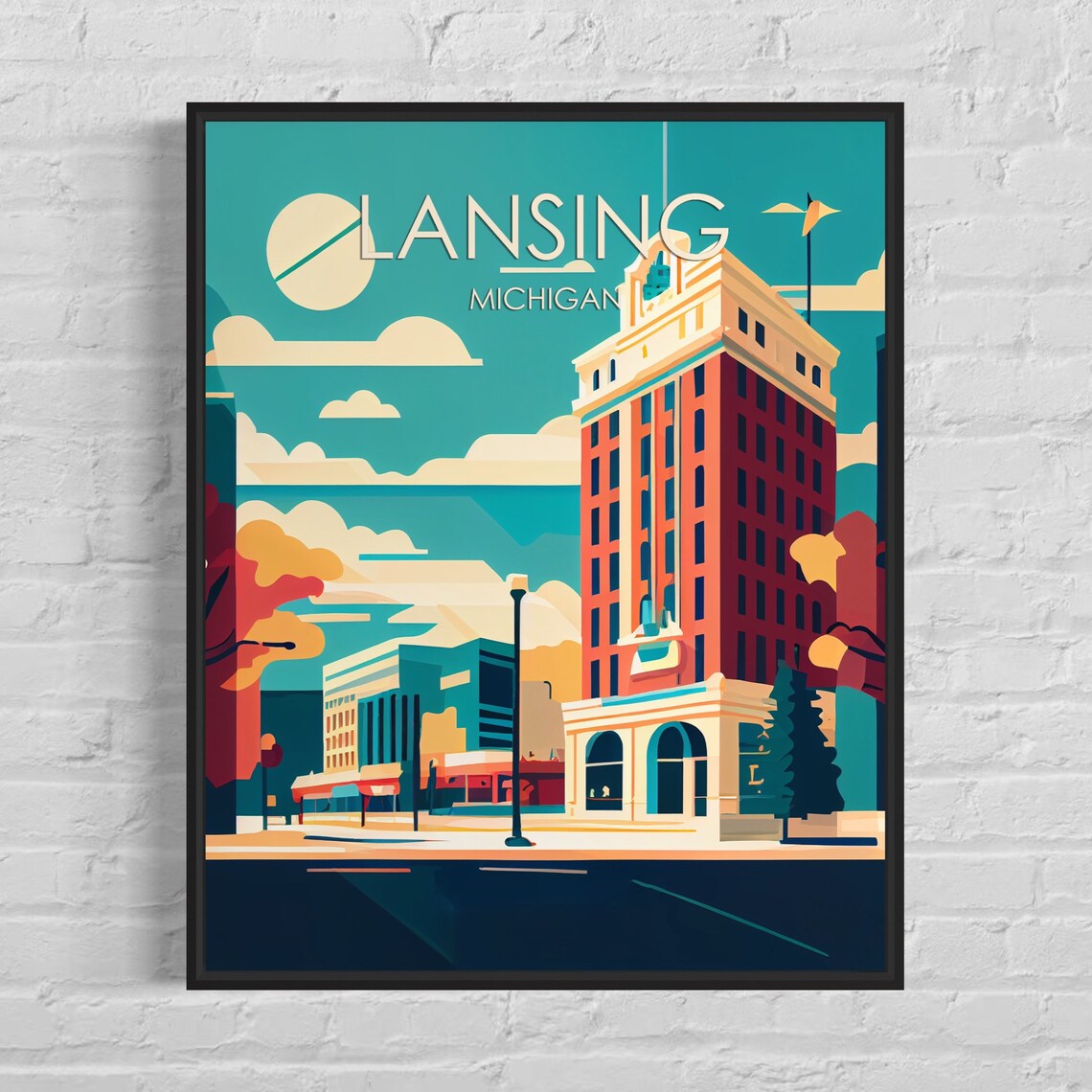 Lansing Michigan Retro Downtown City Skyline Vintage Art Poster