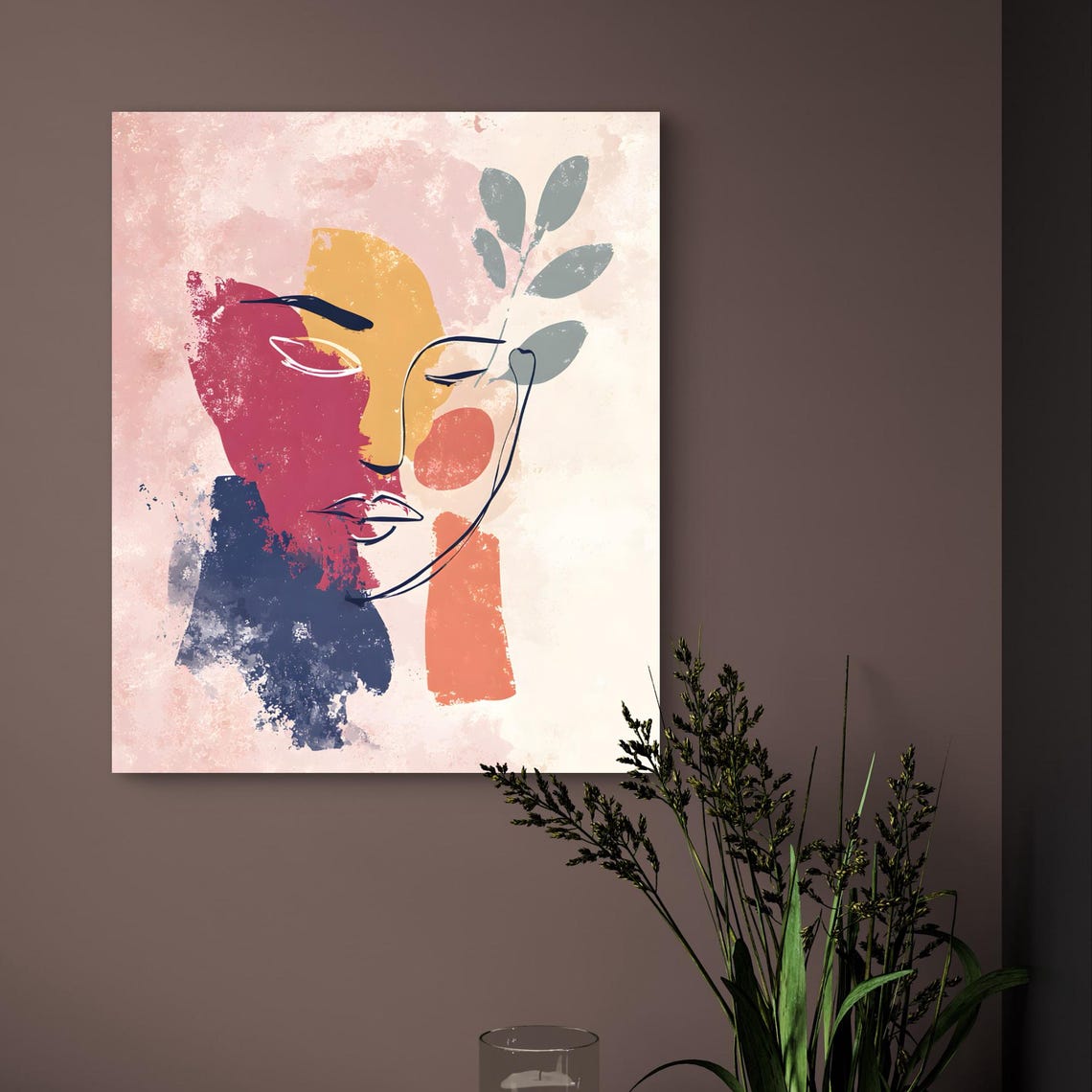 Abstract Face Line Art Minimalist Pastel Wall Modern
