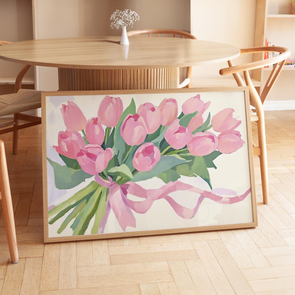 Pink Tulips Bouquet Oil Painting Floral Bouquet With Ribbon Poster