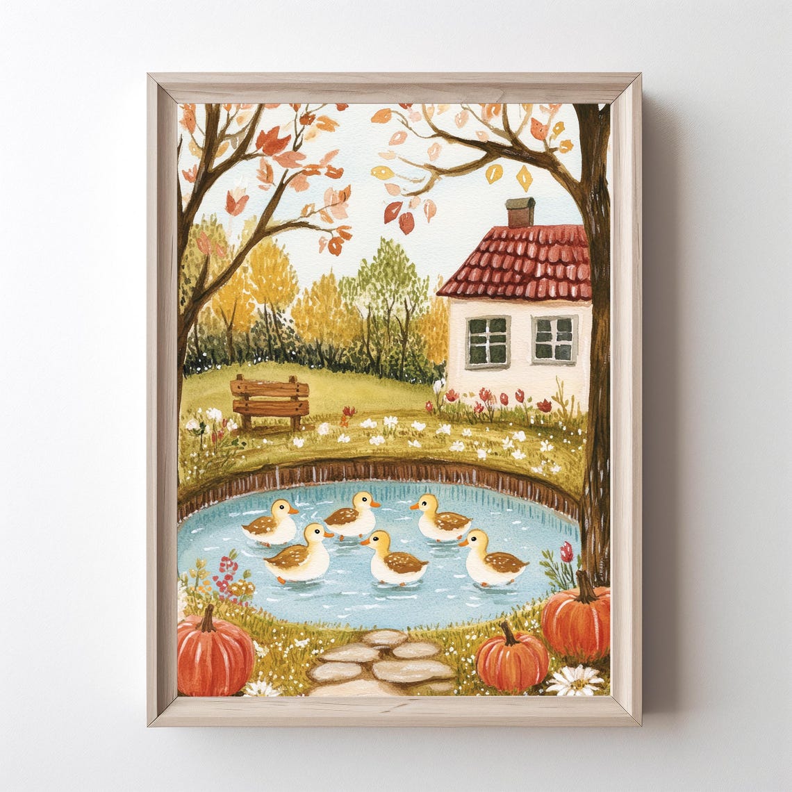 Six Ducklings Swimming In An Autumn Pond With Pumpkins Poster