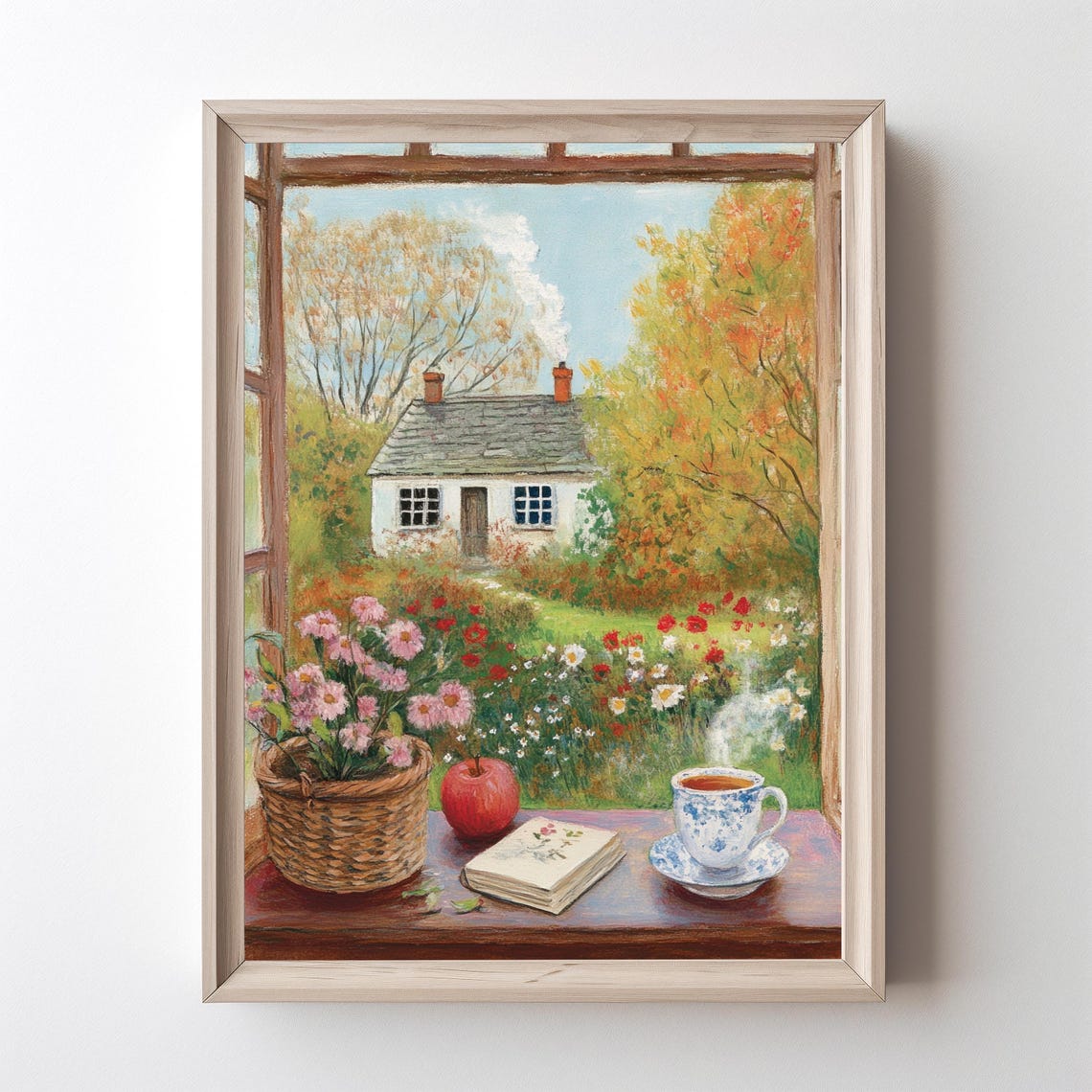 Cozy Autumn Window View With Steaming Tea Cottage And Flowers Print