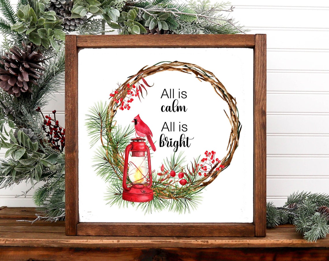 All Is Calm All Is Bright Cardinal Lantern Square Christmas Wall Art