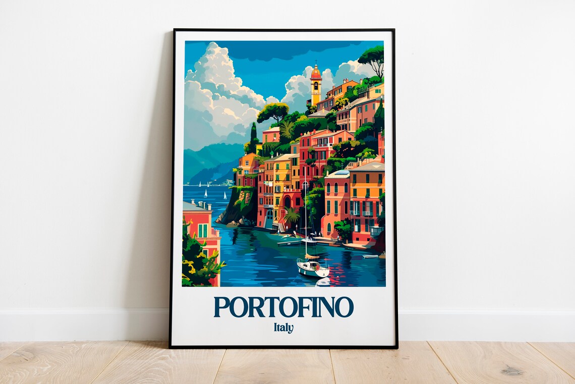 Portofino Italy Pastel Harbor Houses Seaside Cliffs Travel Poster