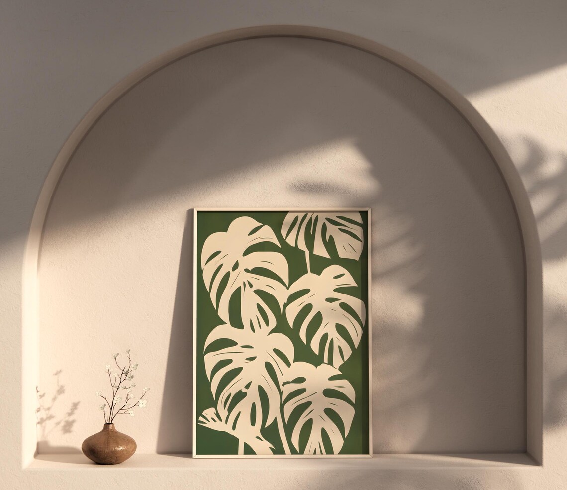 Large Cream Monstera Leaves On A Sage Green Botanical Art Print - Image 3