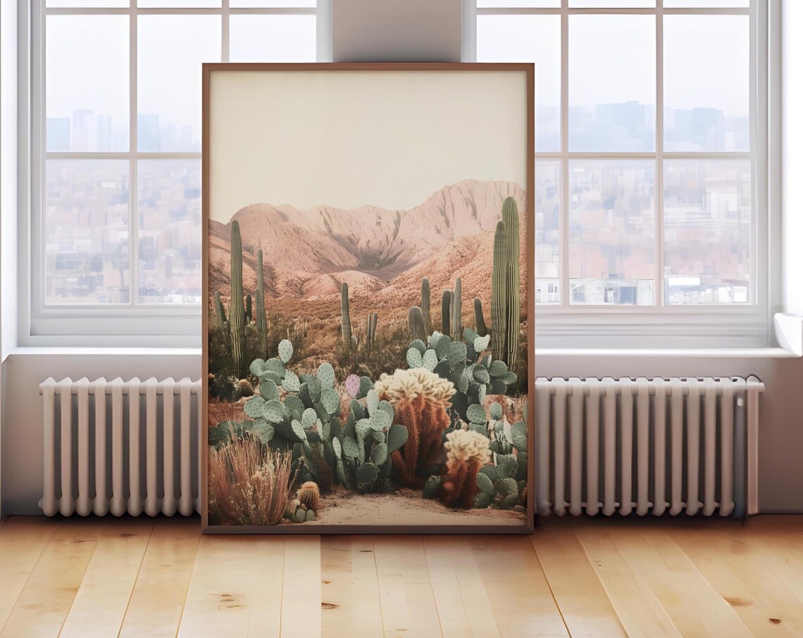 Desert Cactus Garden With Pink Mountains At Golden Hour Poster