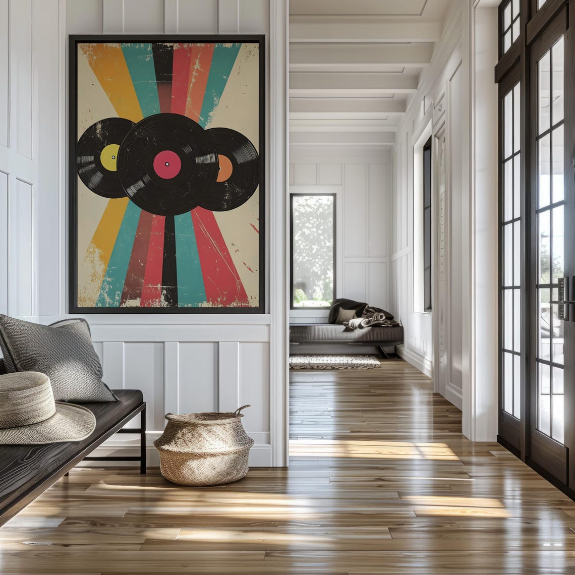 Three Retro Vinyl Records Over A Vibrant Colorful Sunburst Poster - Image 2