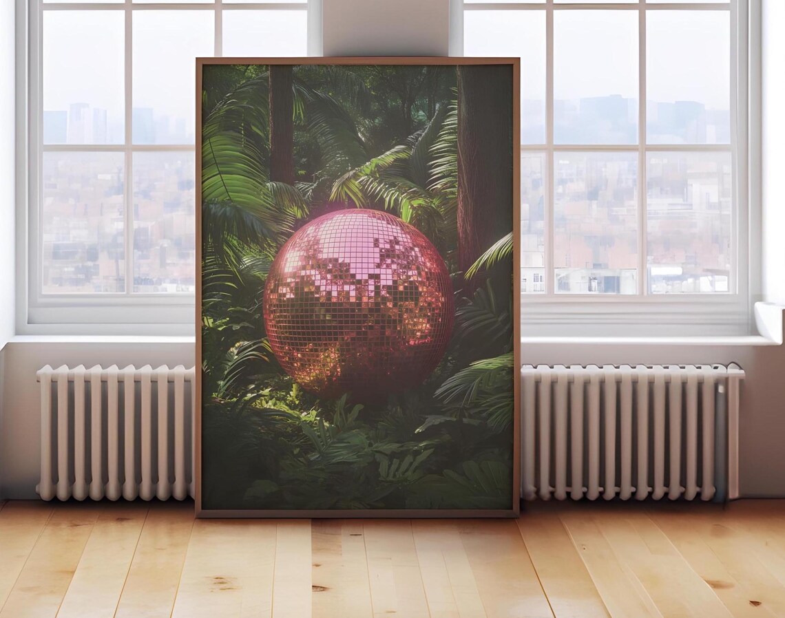 Retro Rainforest Disco Ball Art Print, Funky 70s
