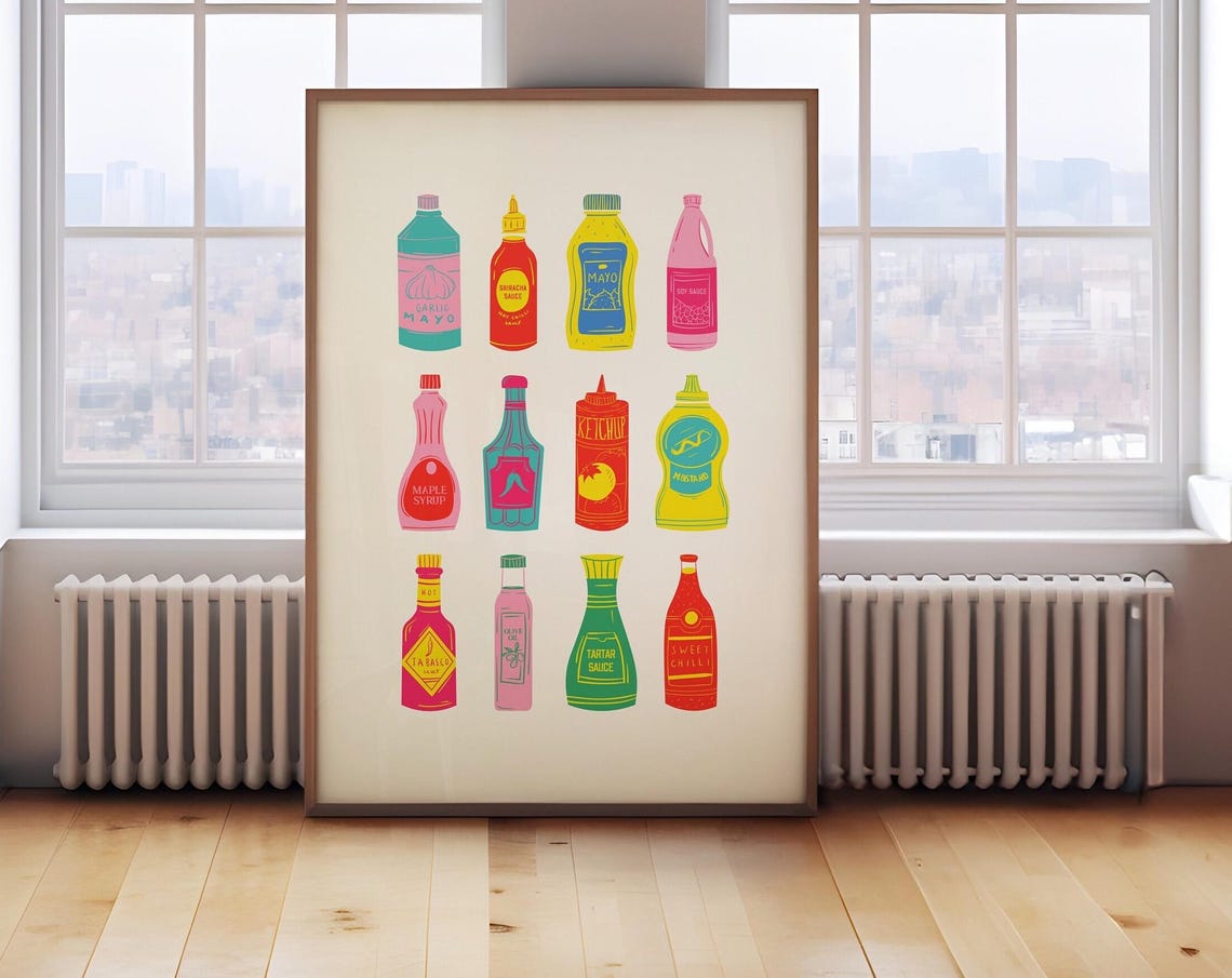 Colorful Condiment Sauce Bottles Kitchen Illustration Art Poster